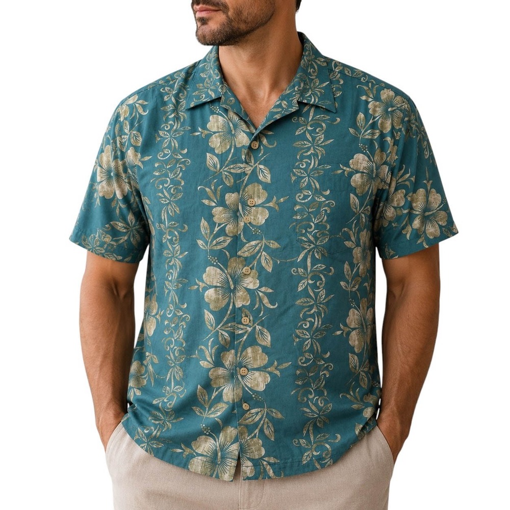 Cooke Street Honolulu Mens‎ 2XL Teal Floral Hibiscus Hawaiian Cotton Shirt 0510